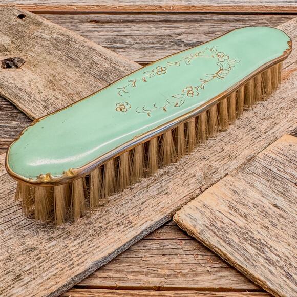 Antique Vanity Dressing Table Brush Set-Mint Green w/ Gold Trim-Delicate Floral - Picture 5 of 7